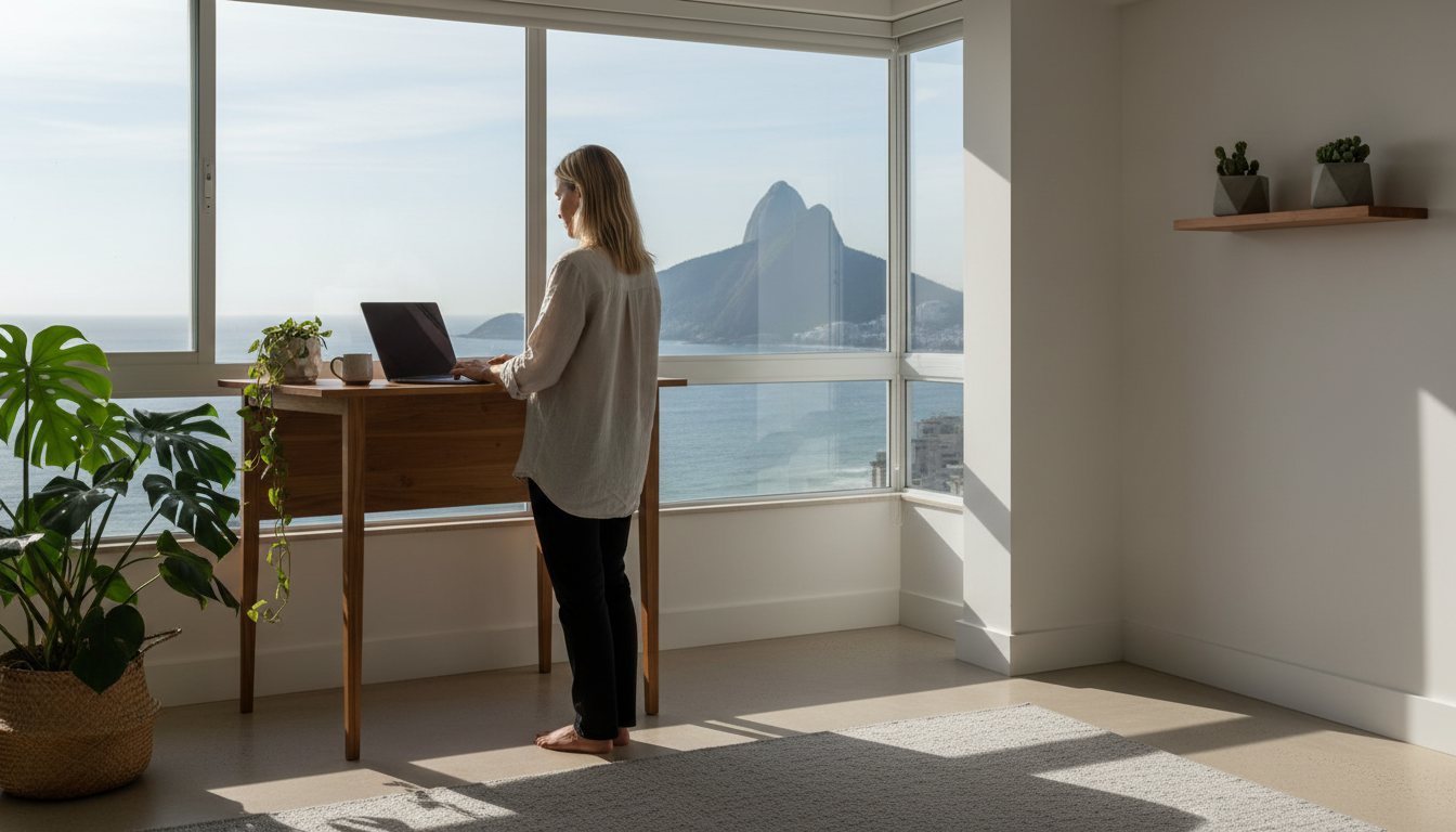 Interior of a bright Rio apartment set up as a home office, standing desk by window with ocean view,