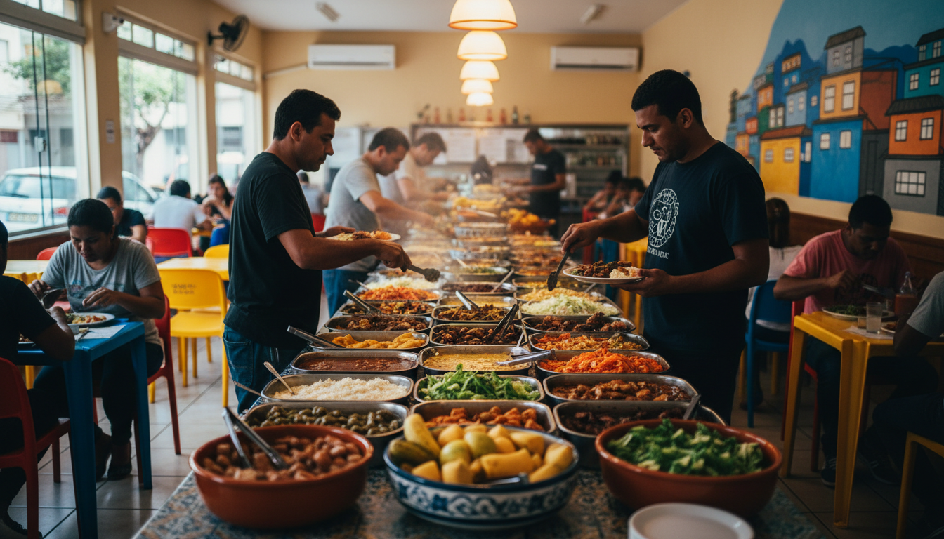 Colorful per-kilo restaurant in Rio with trays of Brazilian food, customers serving themselves, casu