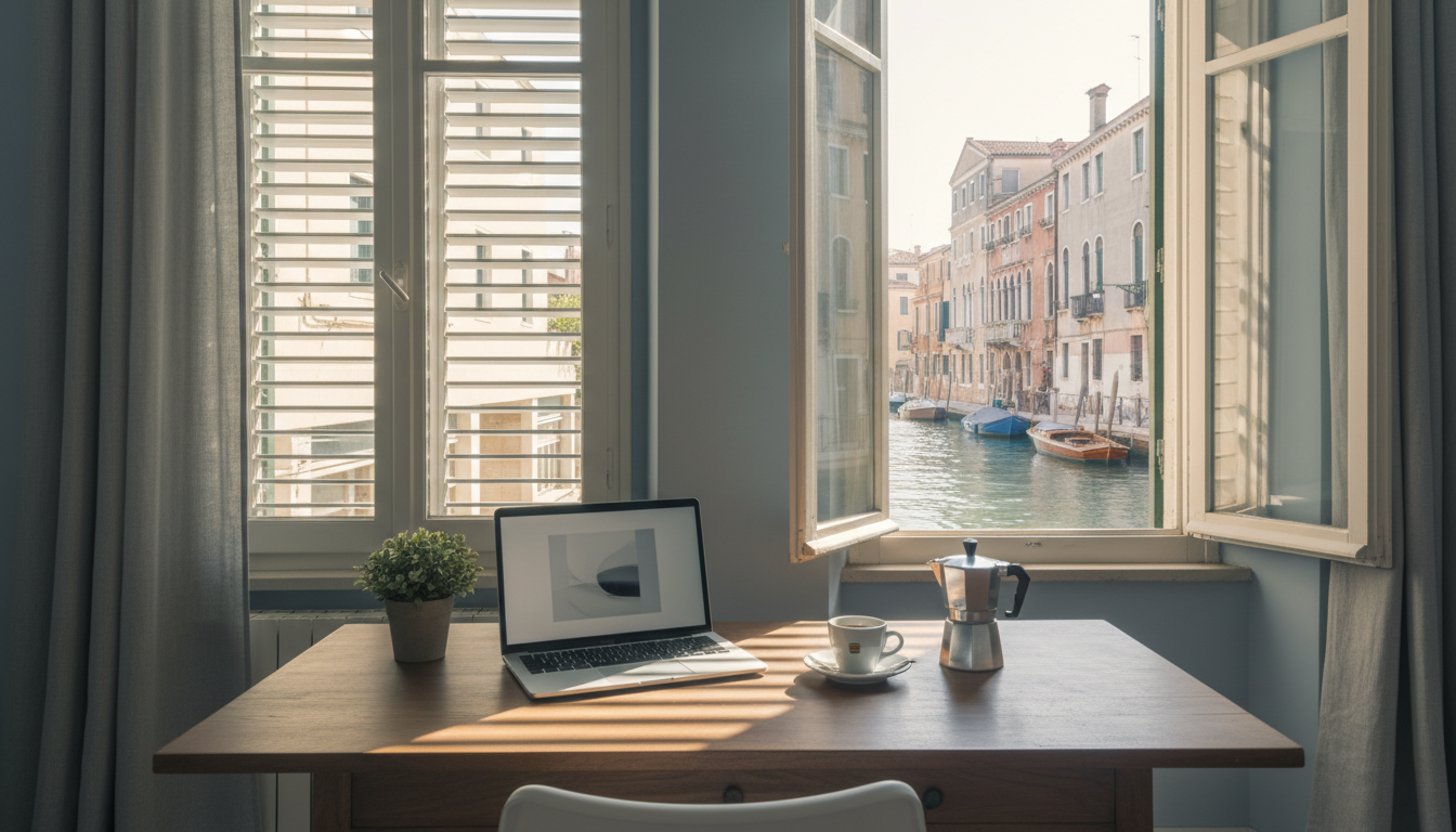 Morning light streaming through shuttered windows onto a desk with laptop, espresso, and canal view