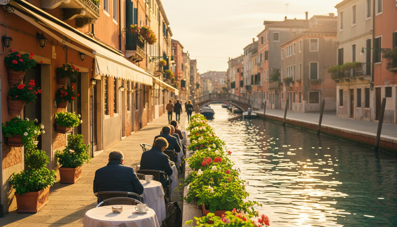 Quiet canal-side scene in Cannaregio with locals at outdoor caf tables, residential buildings with f