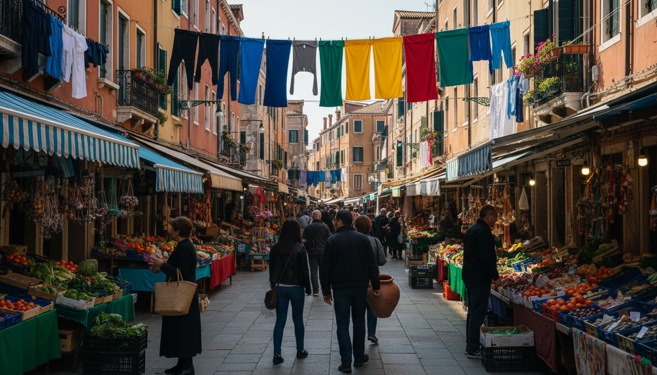 Via Garibaldi in Venices Castello district showing the wide street with market stalls, locals shoppi
