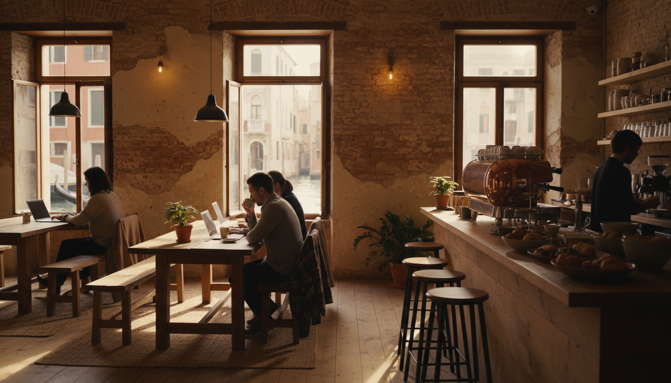Interior of a Venice caf with exposed brick, good natural light, a few people working on laptops, an