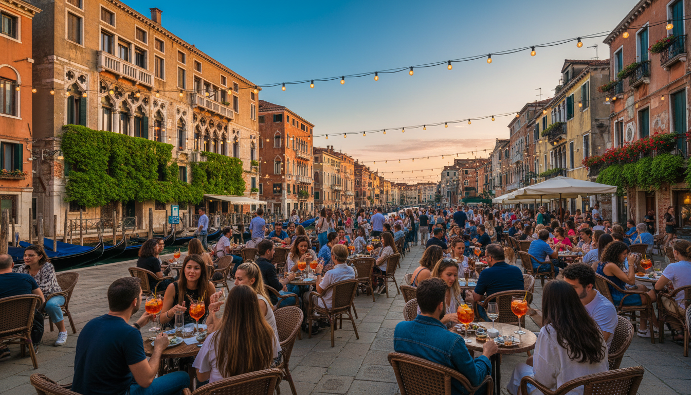 Evening aperitivo scene in a Venice campo with locals and visitors gathered at outdoor tables, warm