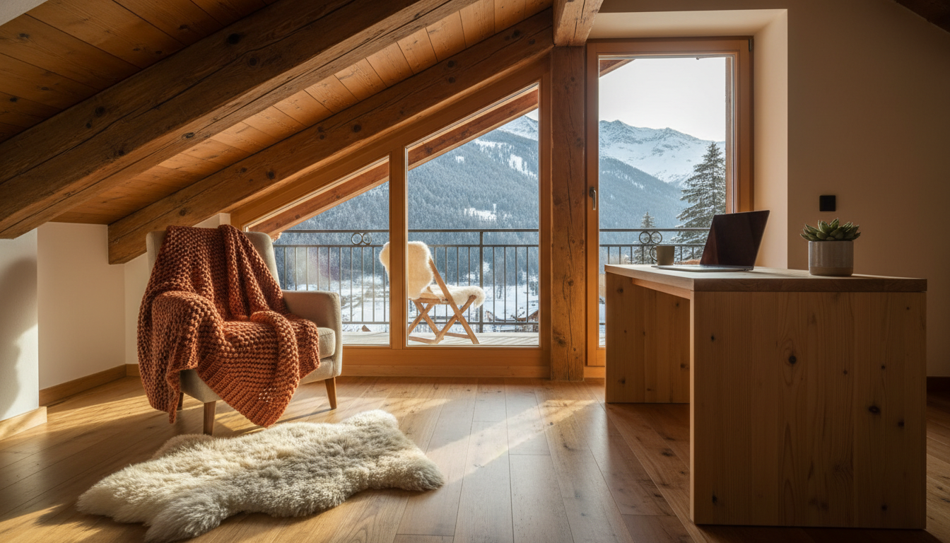 Interior of a cozy Zermatt apartment with exposed wooden beams, a compact desk setup near a window,