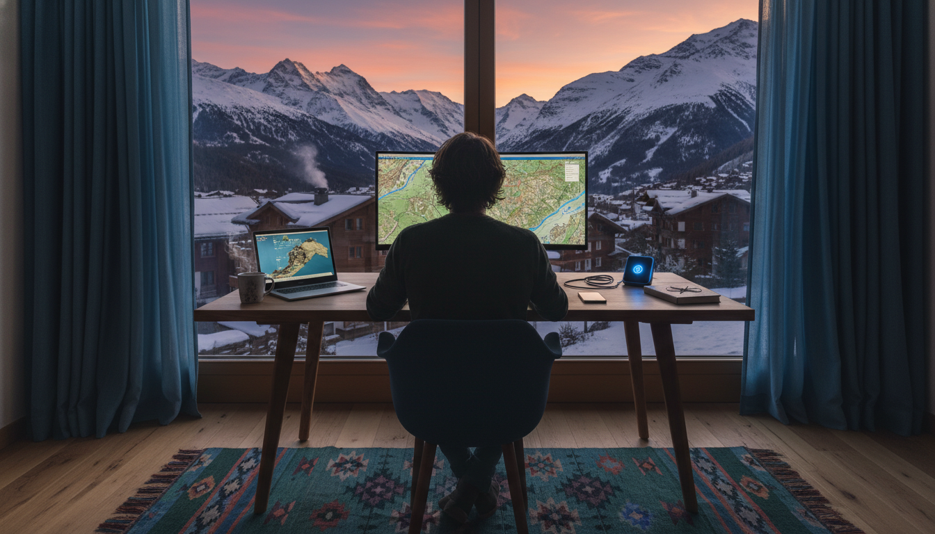 A digital nomad workspace setup in a Swiss apartment showing a laptop, external monitor, phone hotsp
