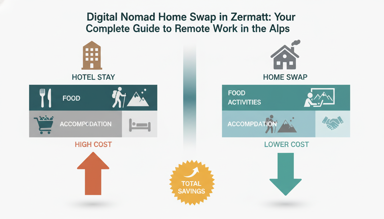 Comparison infographic showing cost breakdown of hotel stay vs home swap in Zermatt over 4 weeks, wi