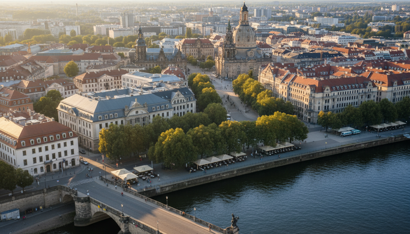 aerial view of Dresdens Neustadt district at golden hour, showing the mix of baroque architecture an