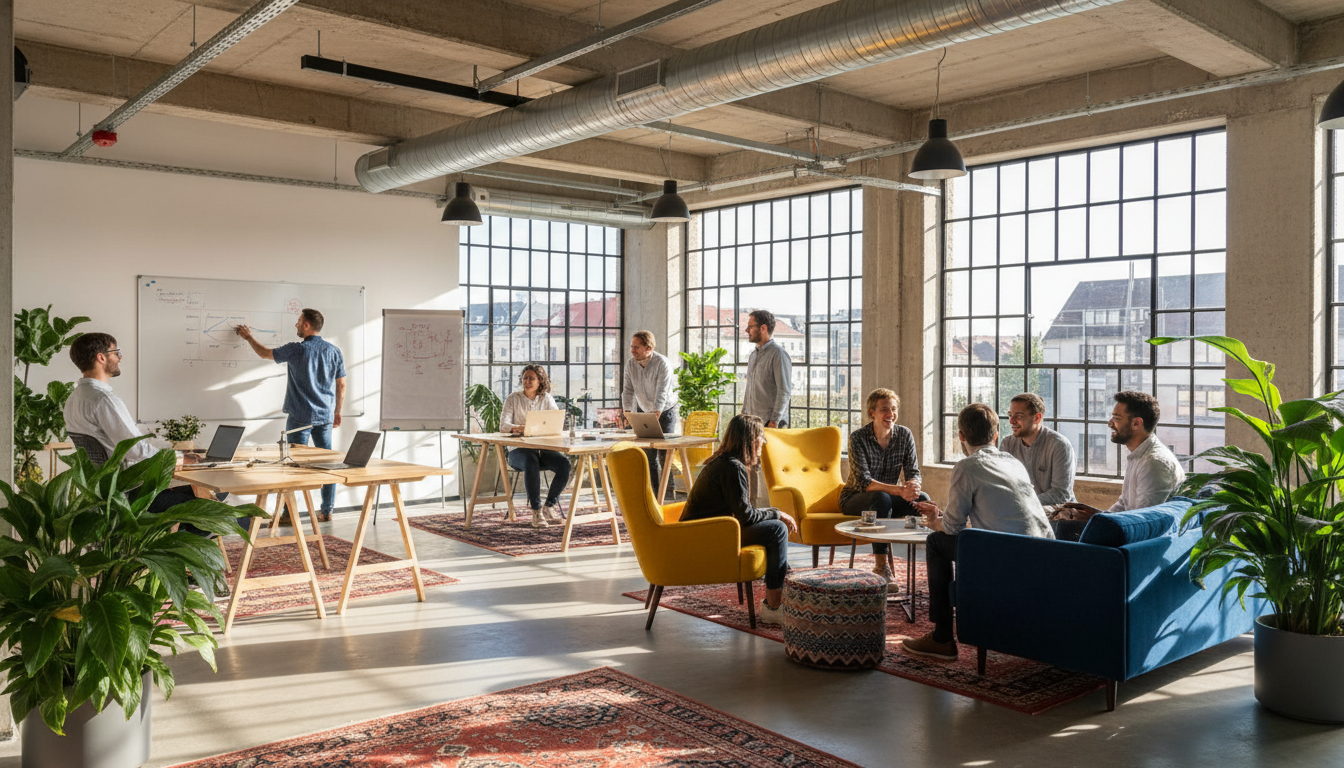 diverse group of people working together at a Dresden coworking space, with exposed ductwork, large
