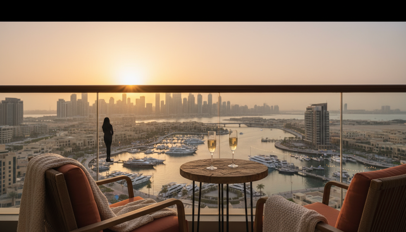 Sunset view from a high-rise Dubai Marina apartment balcony, champagne glasses on a small table, cit