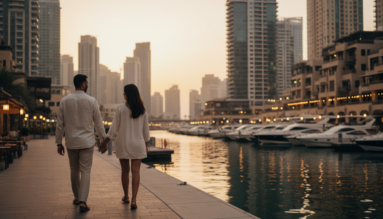 Couple walking hand-in-hand along Dubai Marina promenade at twilight, restaurant lights reflecting o