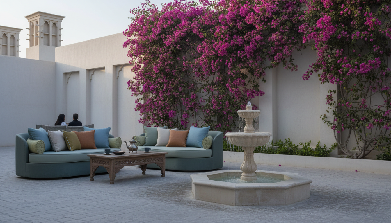 Traditional Arabian villa courtyard in Jumeirah with bougainvillea, a small fountain, and cushioned