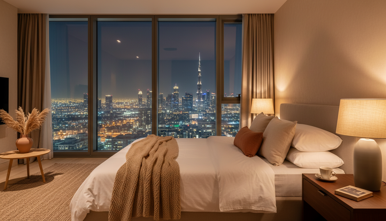 Modern Dubai apartment bedroom with floor-to-ceiling windows, crisp white bedding, and a glimpse of