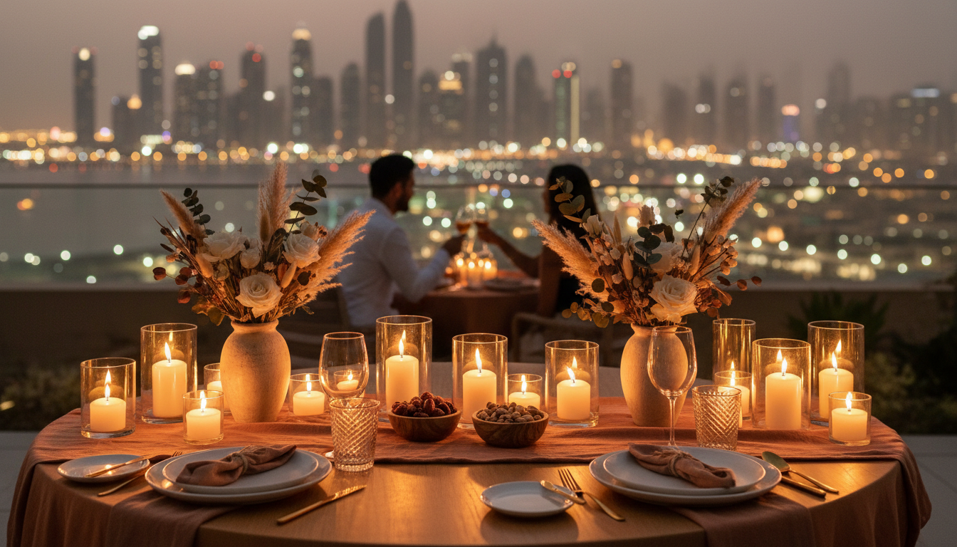Intimate candlelit dinner table for two on a Dubai rooftop restaurant terrace, city skyline glowing