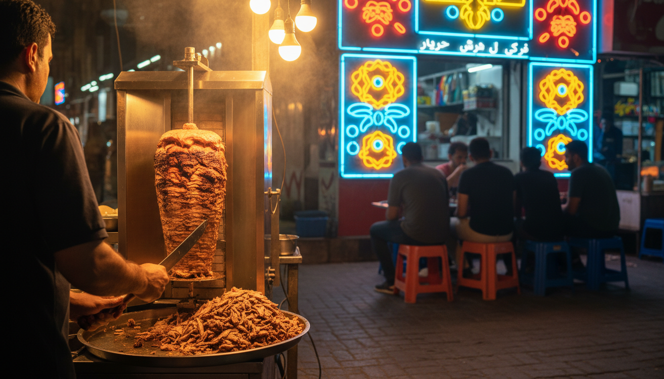 Steaming shawarma being sliced from a vertical spit at a late-night street stand in Deira, with Arab