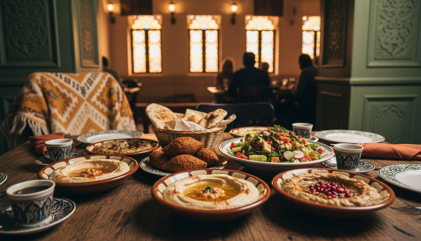 A colorful spread of mezze disheshummus, mutabbal, fattoush, kibbeharranged on a table at a traditio