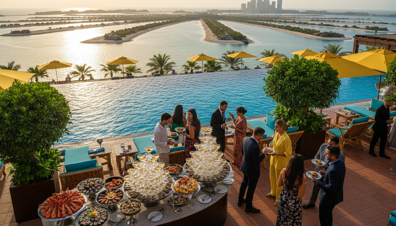 Aerial view of a lavish Dubai brunch spread with champagne towers, seafood stations, and well-dresse