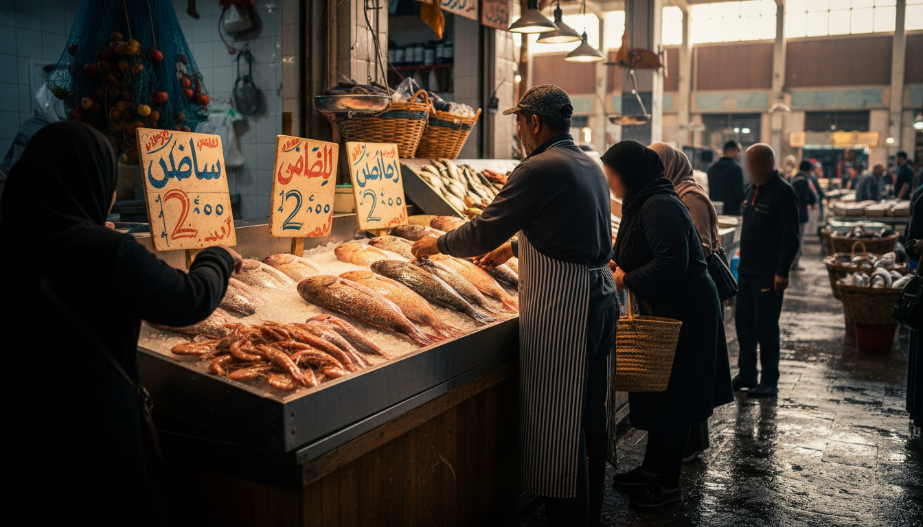 A fishmonger at Deira Fish Market arranging fresh hammour and prawns on ice, with customers examinin
