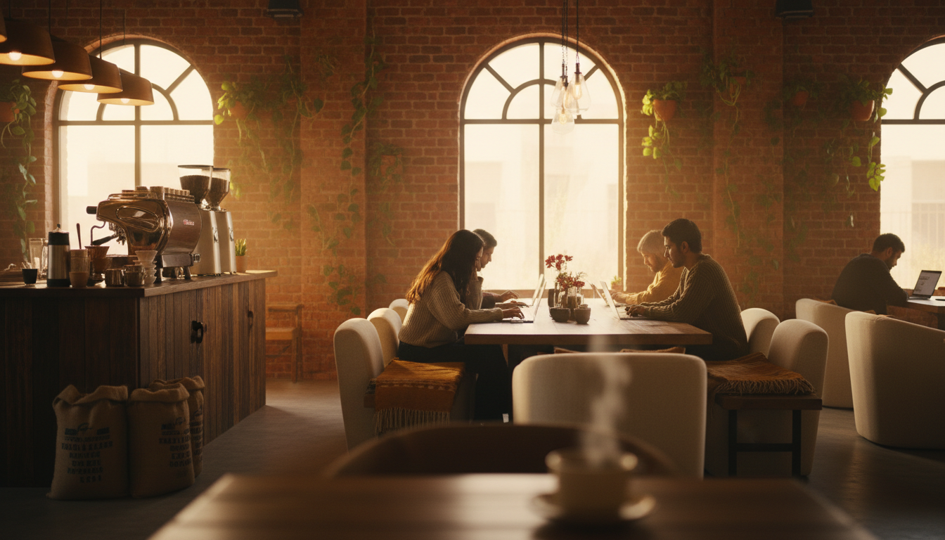 Interior of a cozy Dubai caf with exposed brick, specialty coffee equipment, and patrons working on