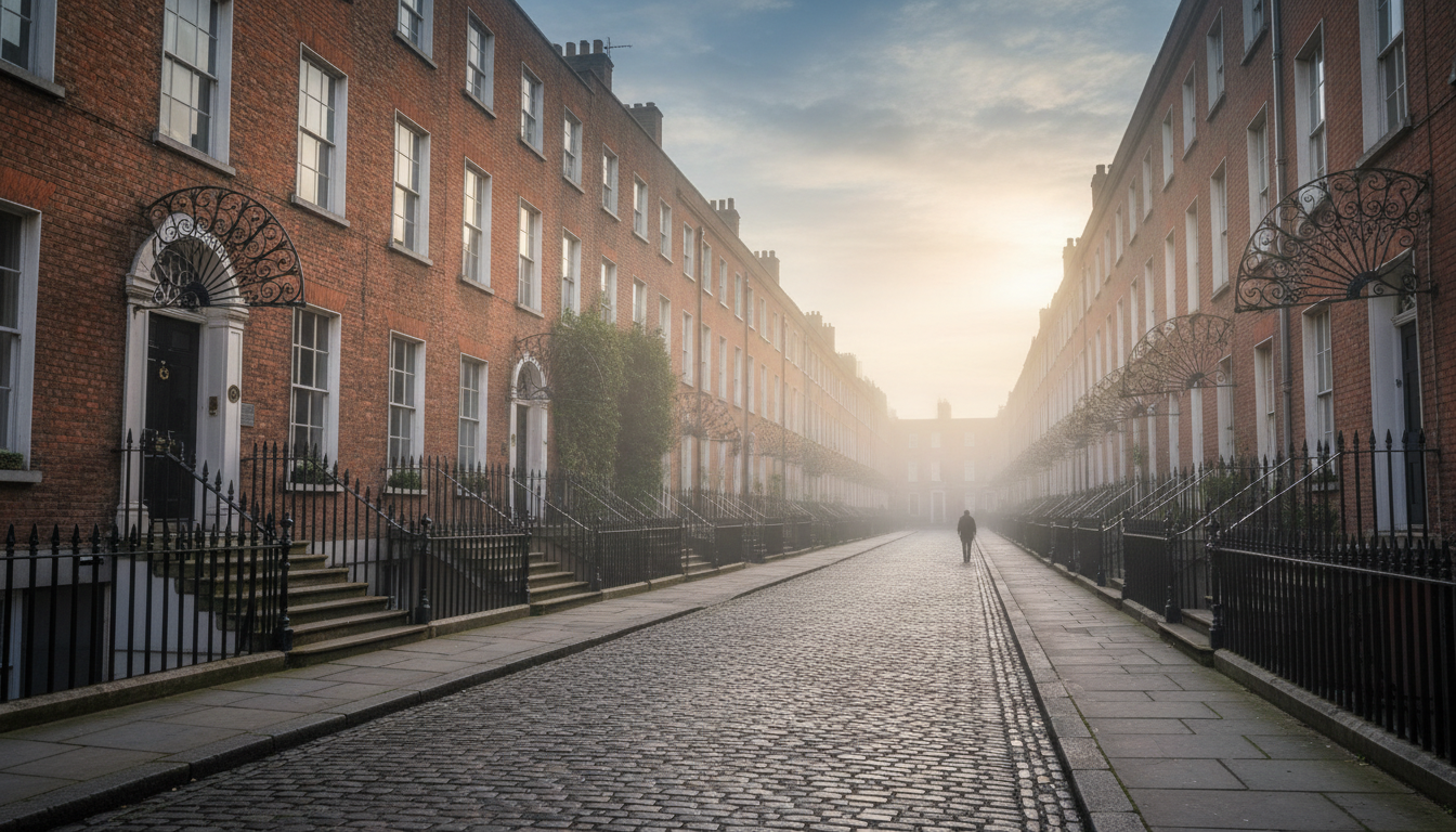 Early morning view of Henrietta Streets Georgian townhouses with original fanlights and iron railing