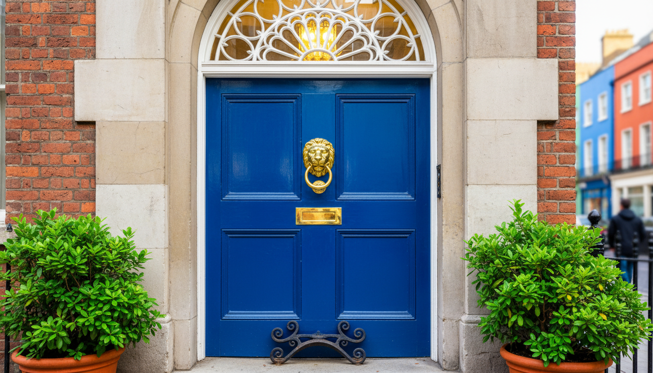 Close-up of a Georgian Dublin door on Merrion Square, showing fanlight transom window, brass door kn