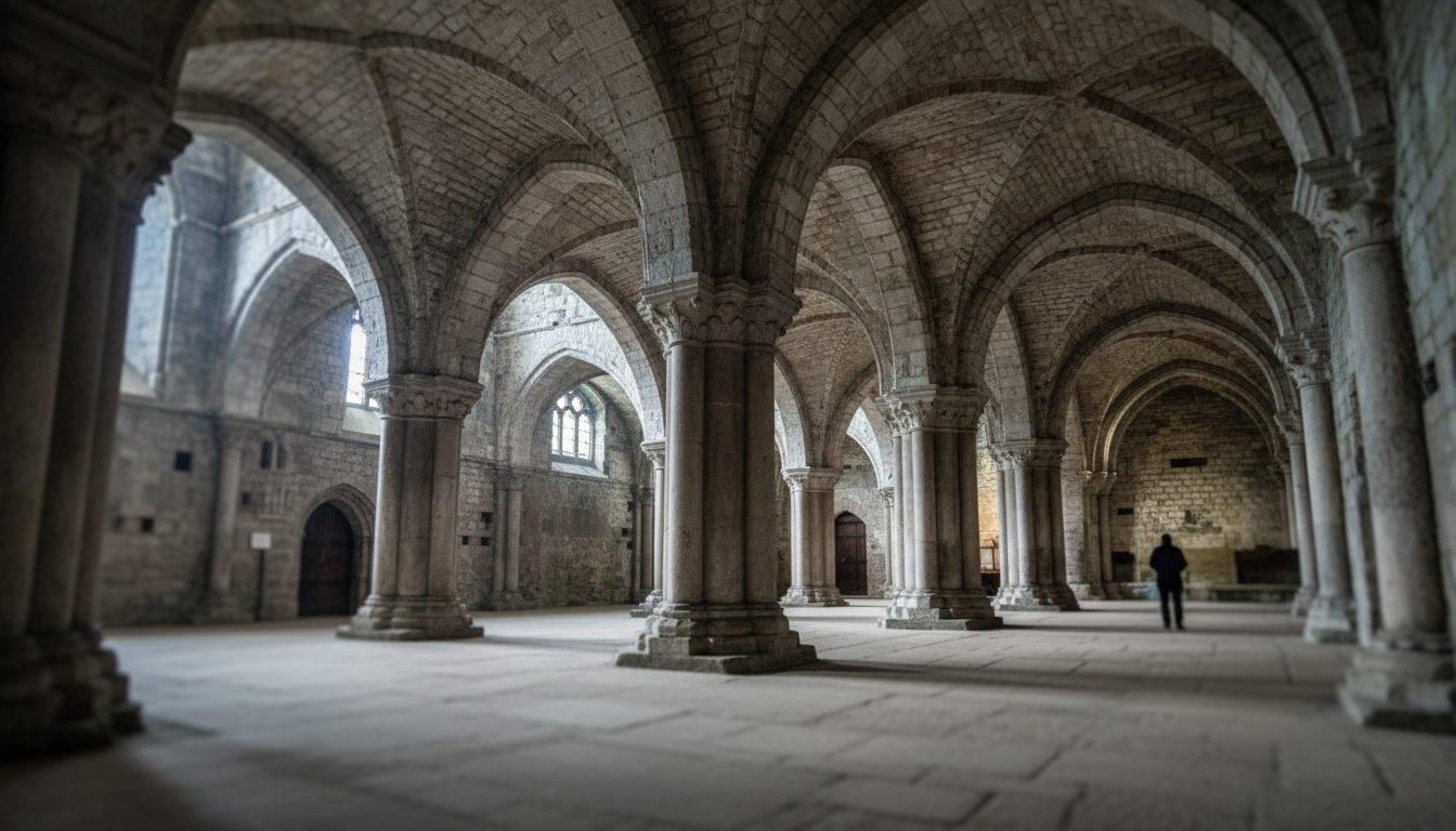 Interior of Christ Church Cathedral crypt showing Romanesque stone arches and medieval columns with