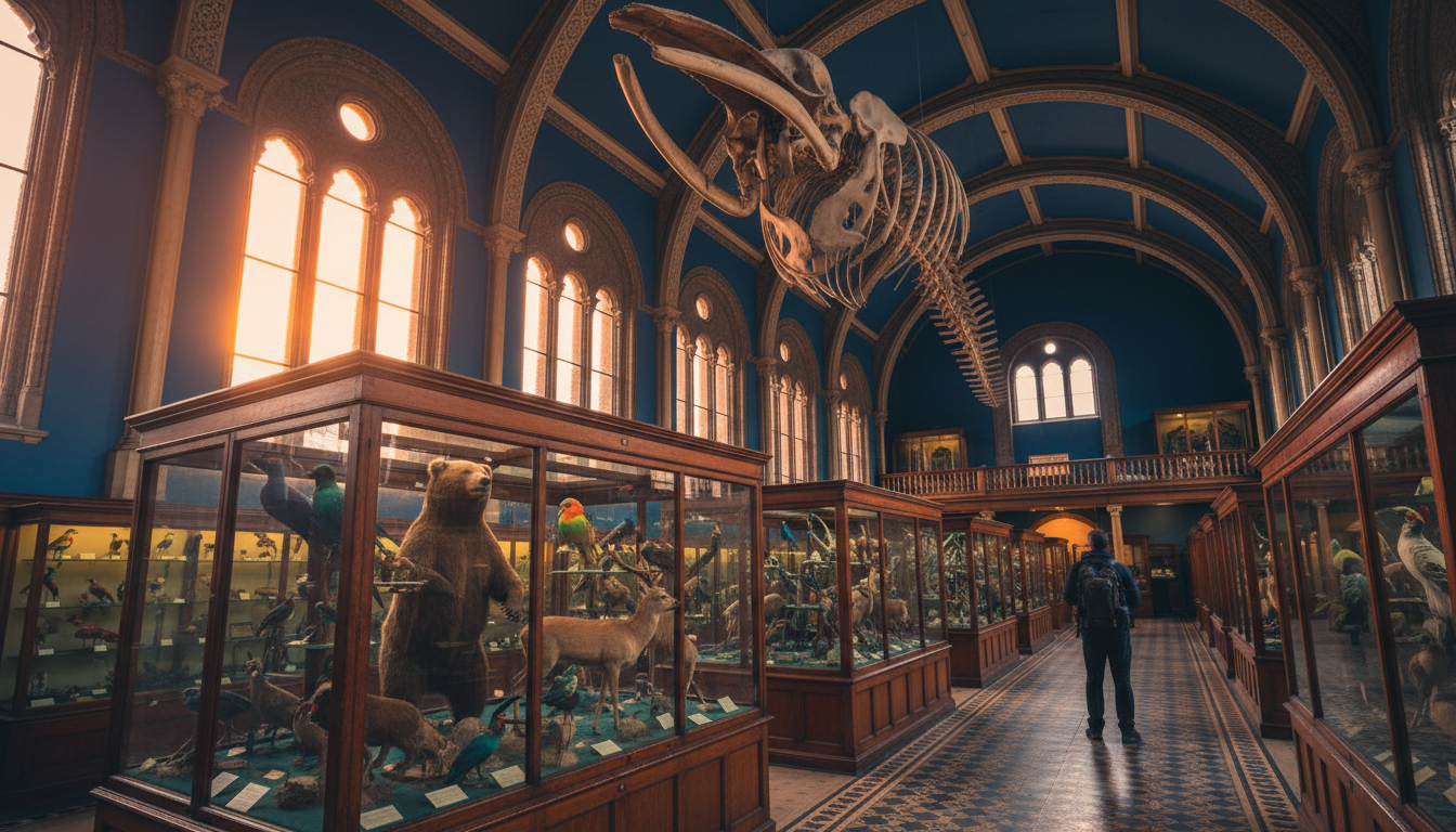 Interior of Dublins Natural History Museum showing Victorian display cases with taxidermied animals