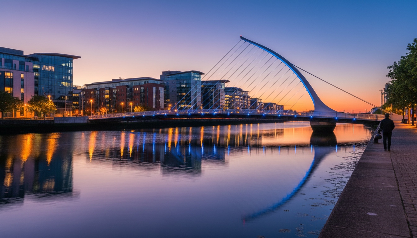 Samuel Beckett Bridge at dusk with cable stays illuminated, reflecting in the River Liffey with mode