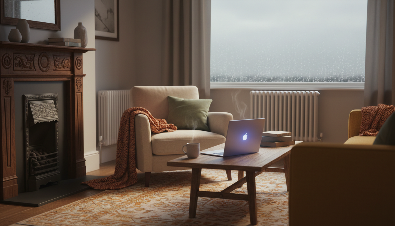cozy Dublin living room with period fireplace, modern radiators, and rain-streaked windows showing a