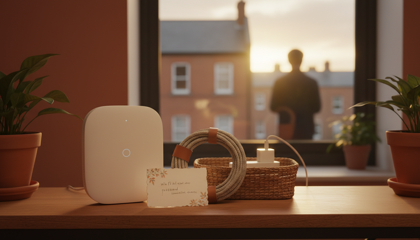 modern router setup on a shelf in a Dublin apartment, ethernet cables neatly organized, with a handw