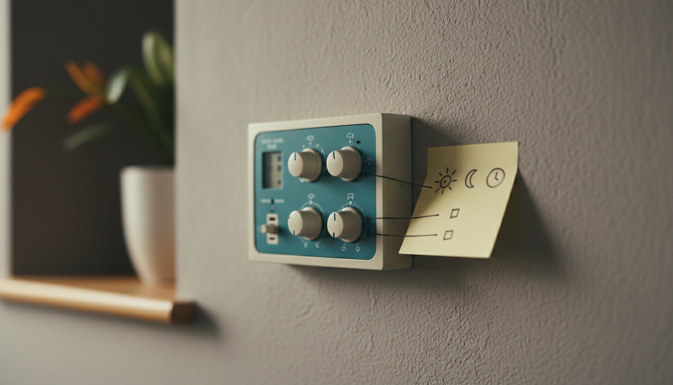 typical Dublin heating timer control panel on a wallthe kind with multiple dials, switches, and cryp