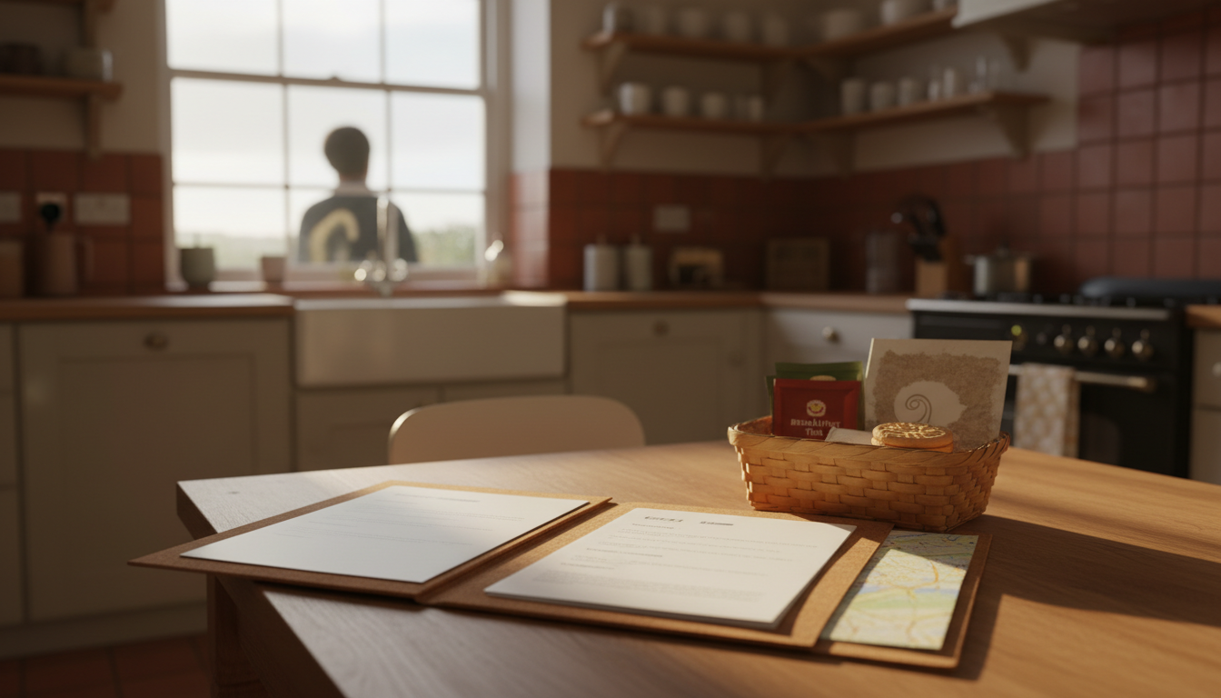 organized welcome folder on a Dublin kitchen table, containing printed instructions, local maps, and