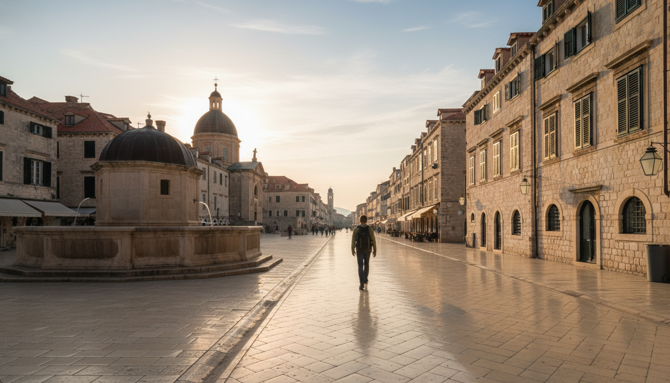 Early morning light hitting Dubrovniks Stradun main street, completely empty except for one figure w