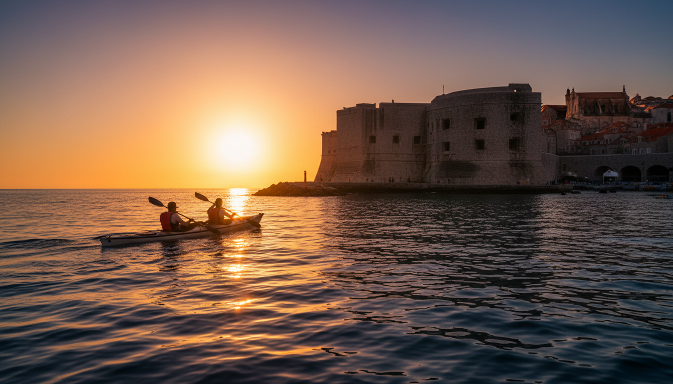 Two kayakers silhouetted against golden sunset light, paddling past Dubrovniks massive stone walls,