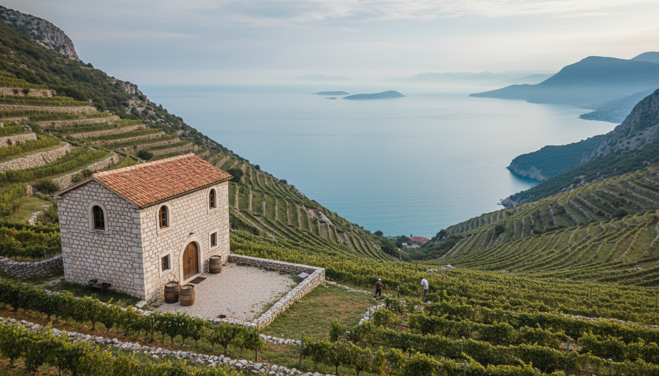 Terraced vineyards cascading down steep hillsides toward the Adriatic Sea on Peljeac Peninsula, with