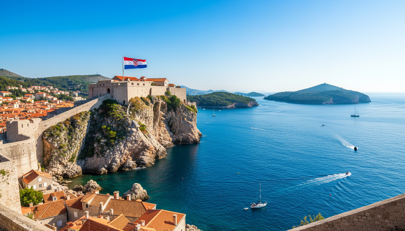 Lovrijenac Fortress perched on a dramatic cliff above the sea, viewed from the city walls, with a Cr