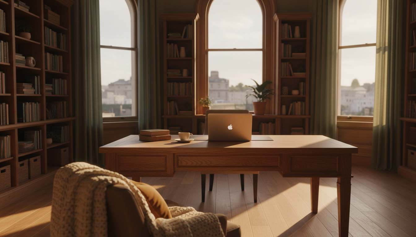 Georgian townhouse study in Edinburgh with tall windows, oak desk, afternoon light casting long shad