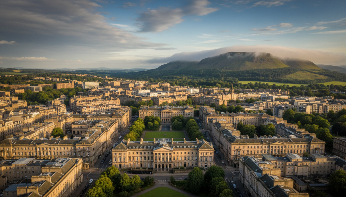 Aerial view of Edinburghs New Town showing the grid pattern of Georgian streets, Arthurs Seat visibl