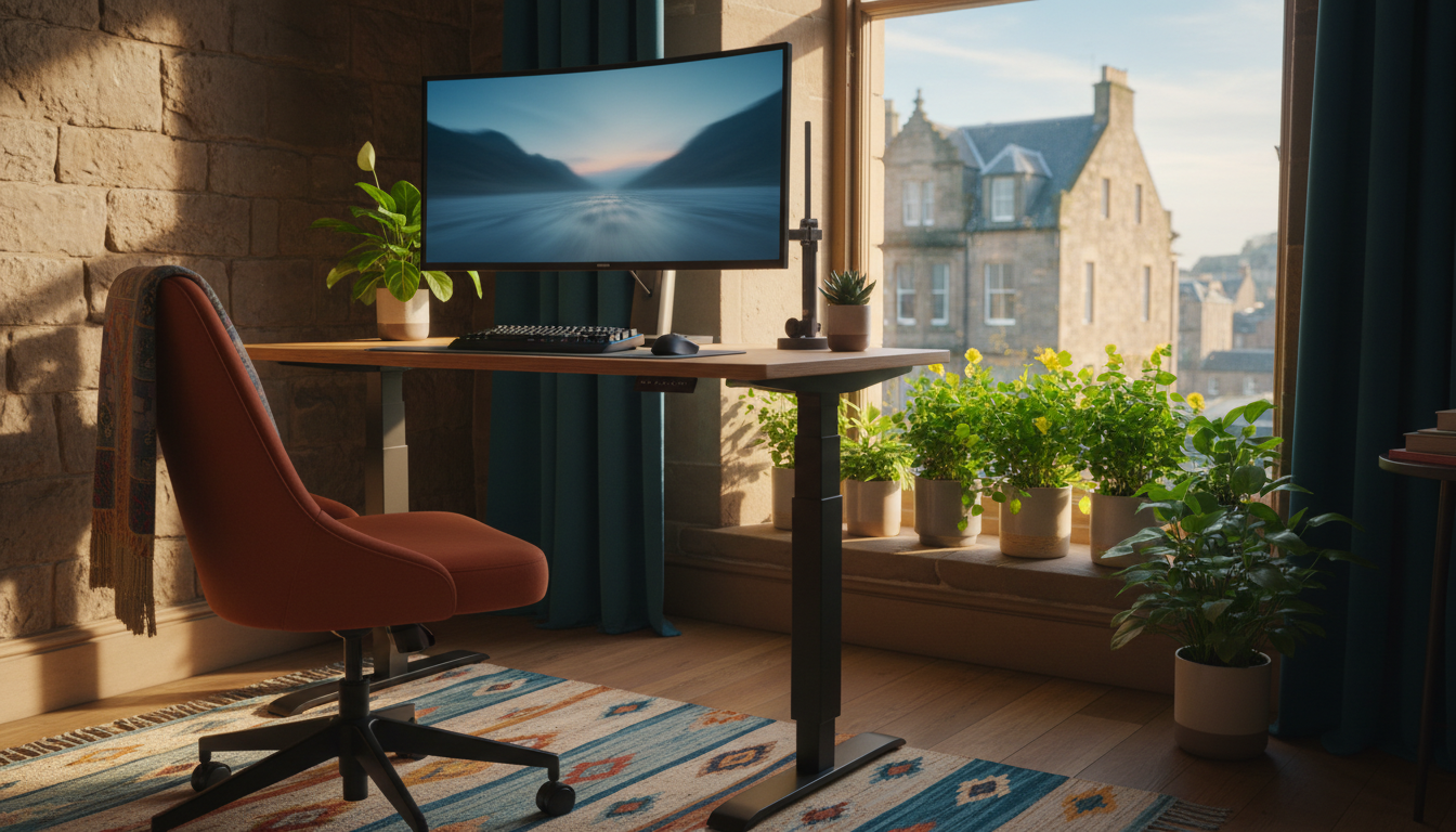 Cozy Edinburgh home office with ergonomic chair, standing desk option, monitor, good lighting, plant