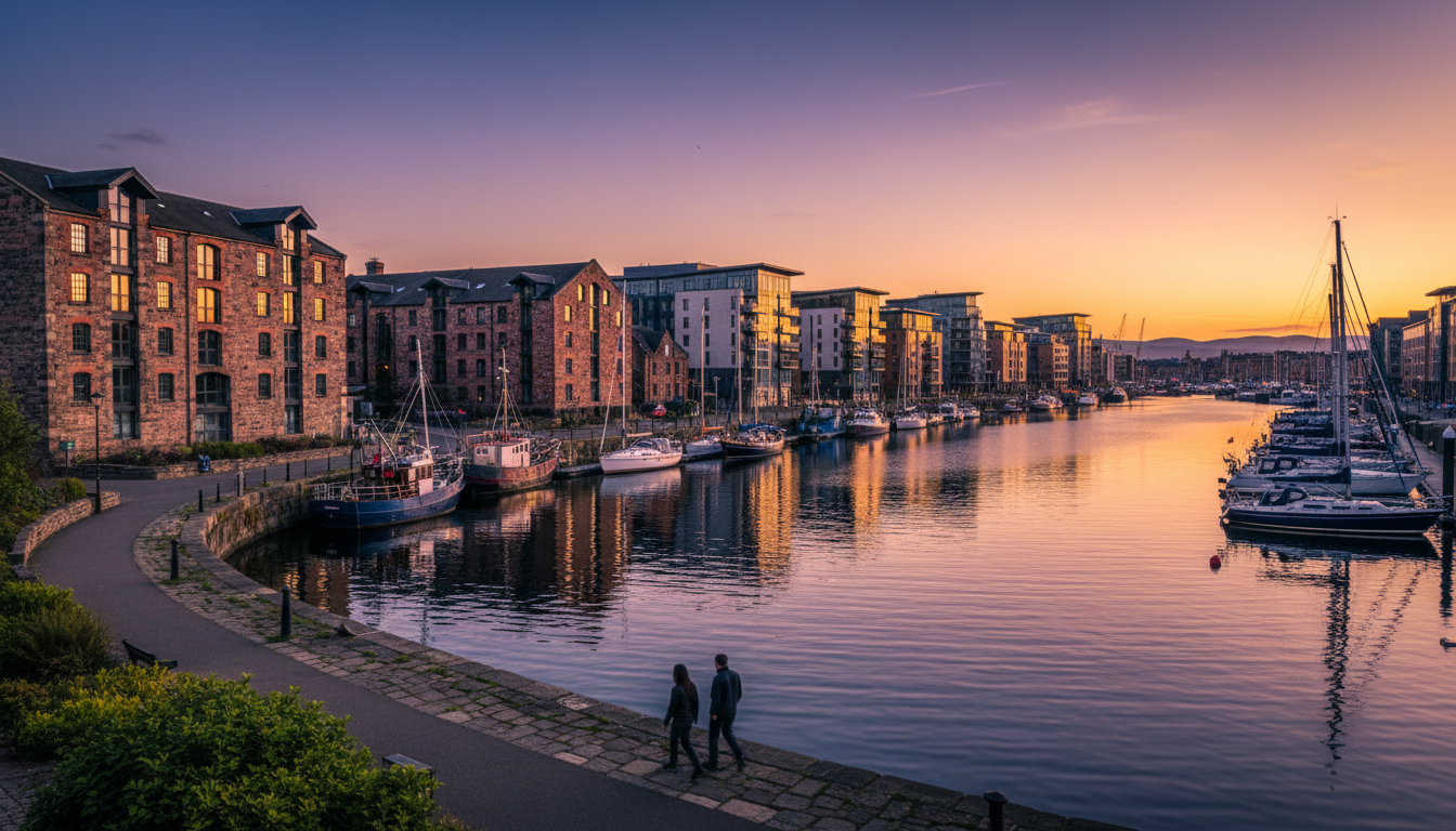 Leith waterfront at golden hour, converted warehouse buildings, boats in the harbor, people walking