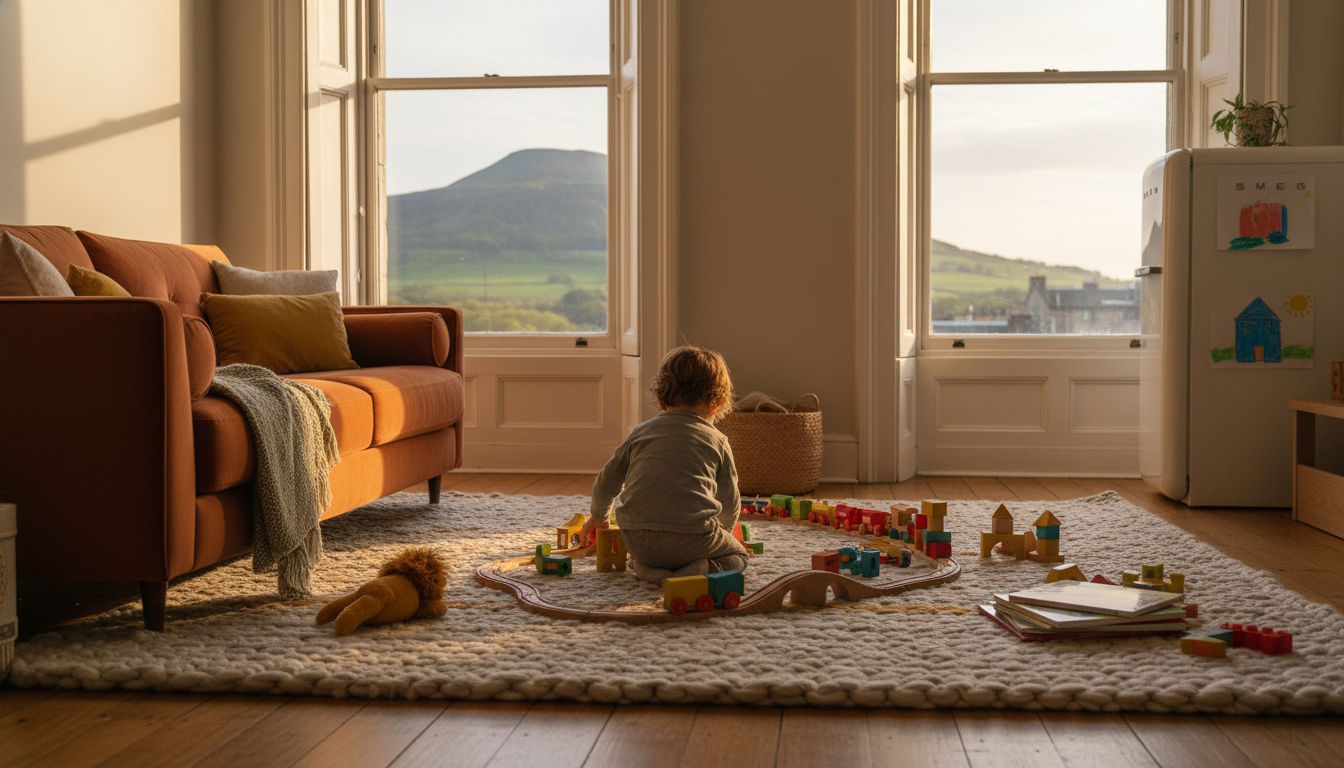 A cozy Edinburgh flat living room with toys scattered on a wool rug, large sash windows overlooking