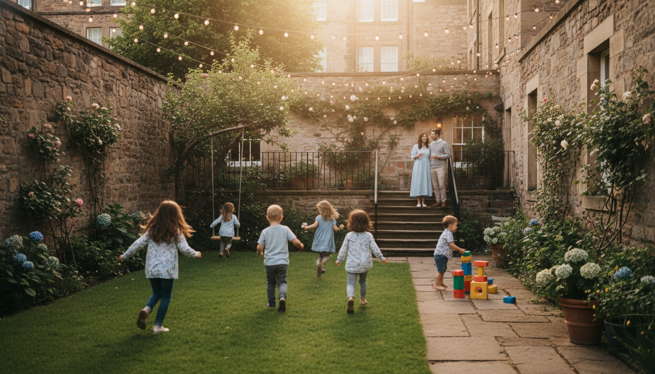 Children playing in a small walled garden behind a Georgian townhouse in Edinburgh, string lights ov