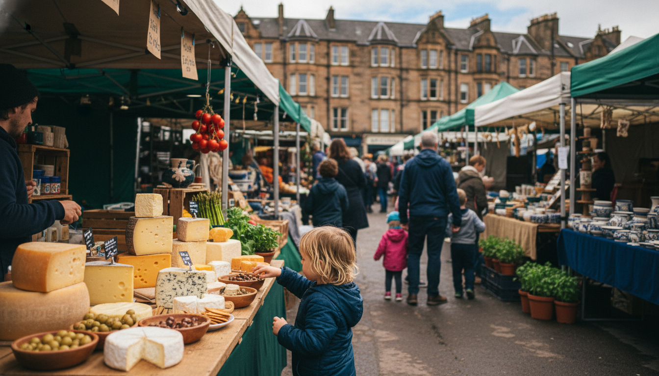 The Sunday Stockbridge Market with families browsing stalls, a child reaching for samples at a chees