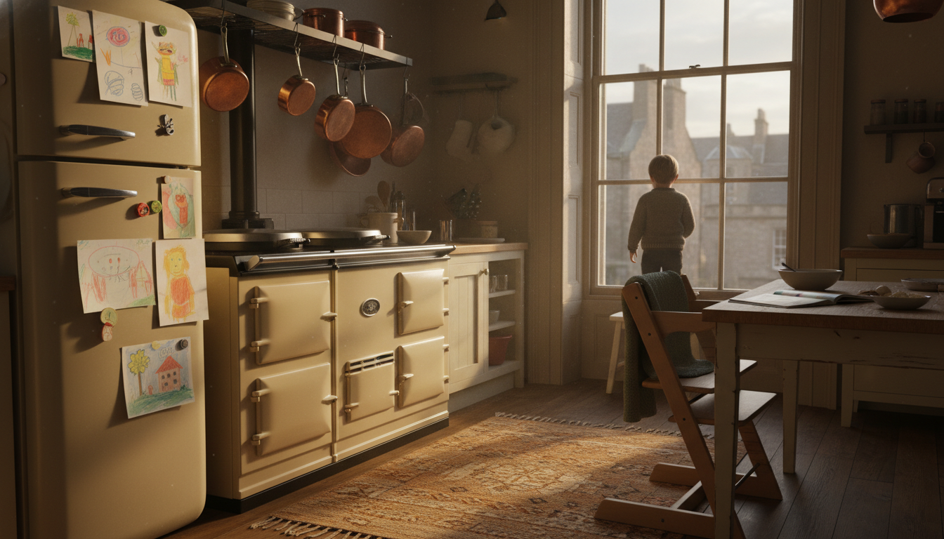 Interior of an Edinburgh tenement flat kitchen with a classic AGA stove, copper pots hanging, a chil