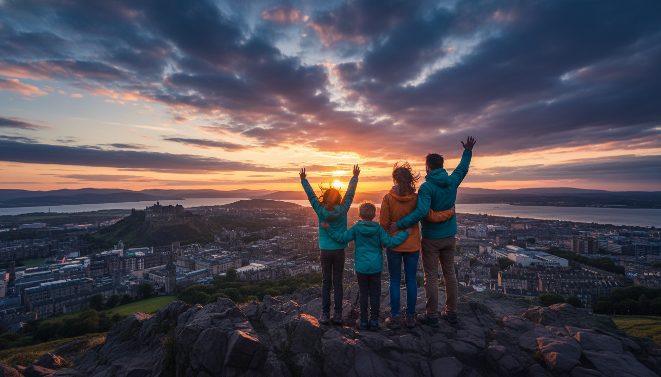 Family at the summit of Arthurs Seat, Edinburgh skyline and Firth of Forth visible in background, ch