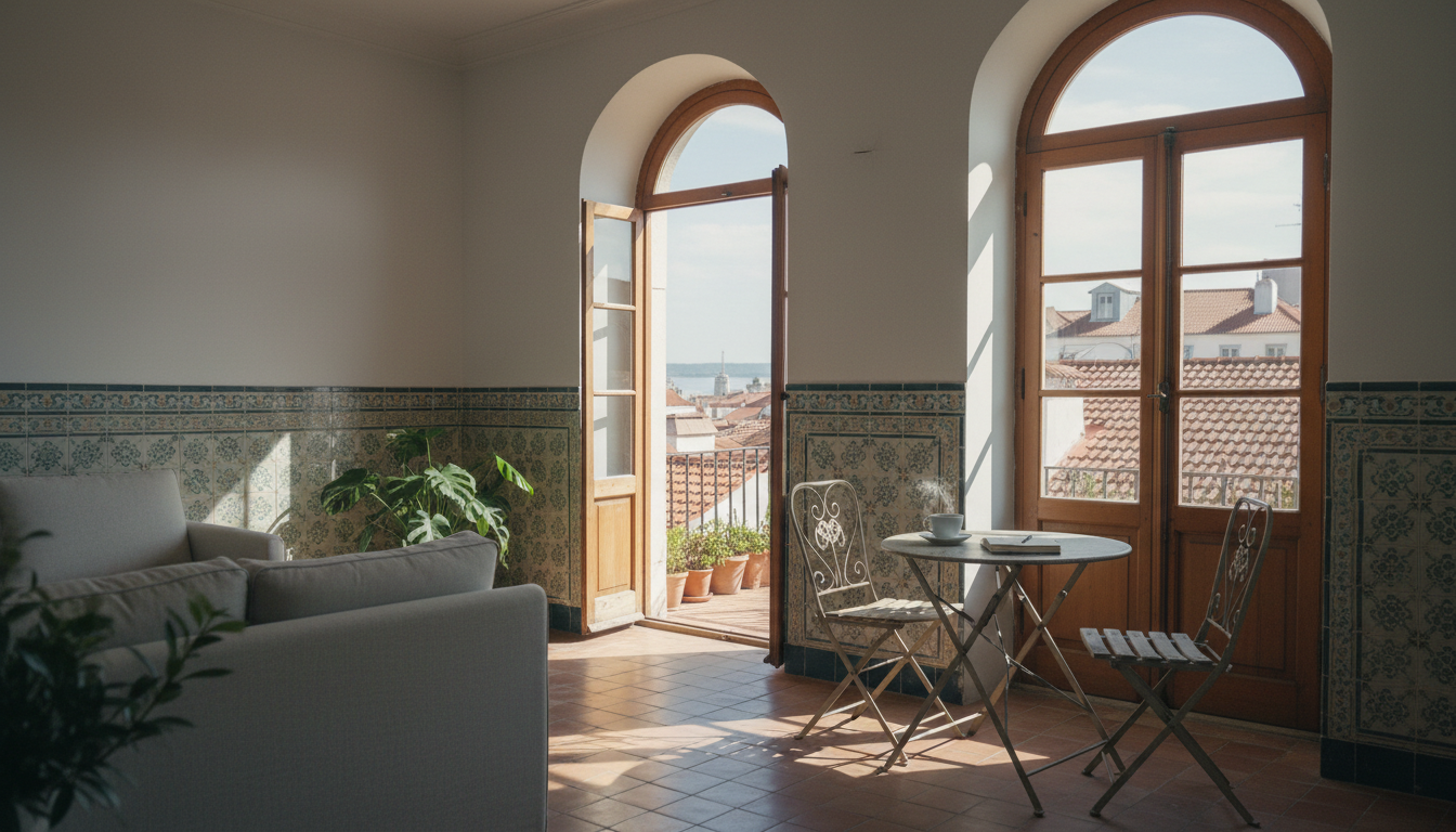 cozy Lisbon apartment interior with morning light streaming through tall windows, traditional Portug