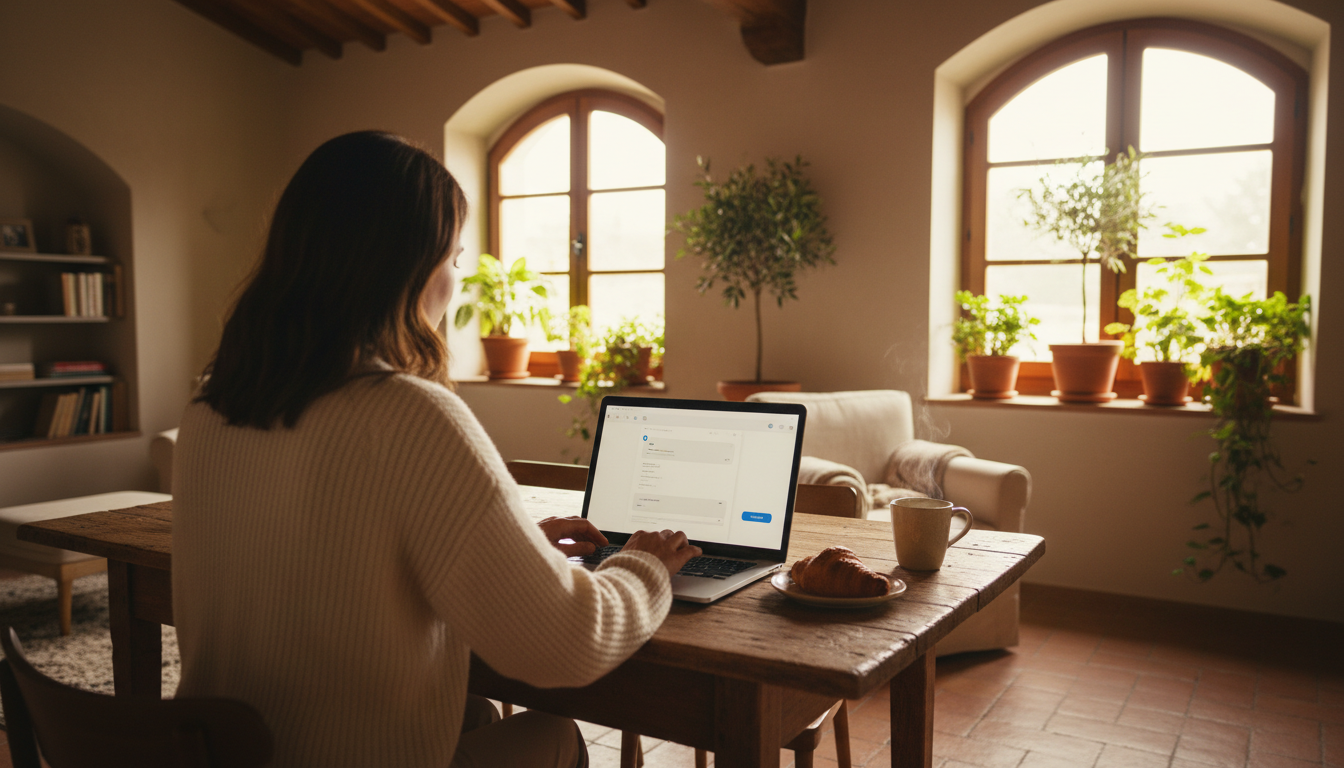 person typing on laptop at a wooden dining table in a bright European apartment, plants on windowsil