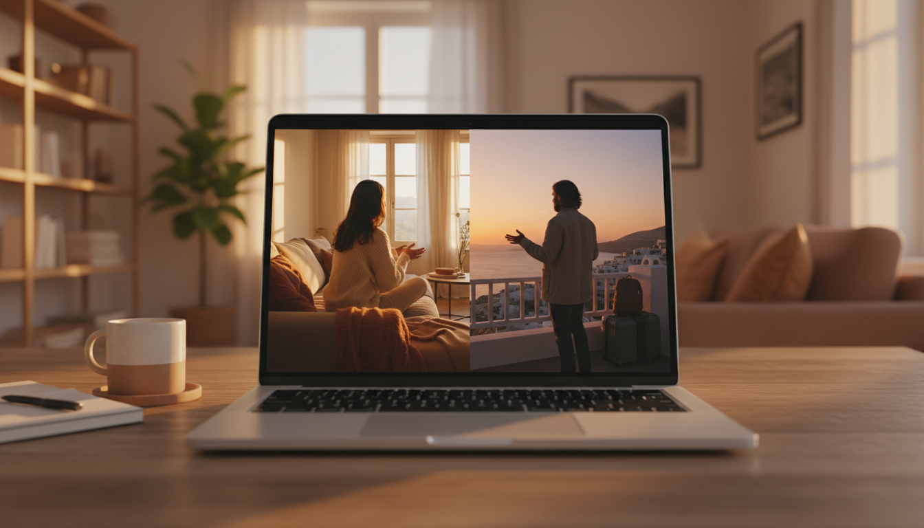 two people having a video call on a laptop screen, one clearly in a home setting, the other appears