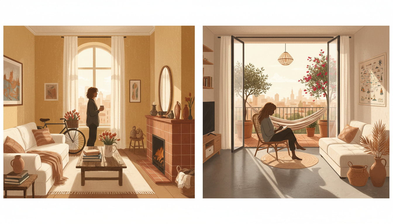 split-screen style composition showing a cozy Amsterdam canal house interior on one side and a sunny