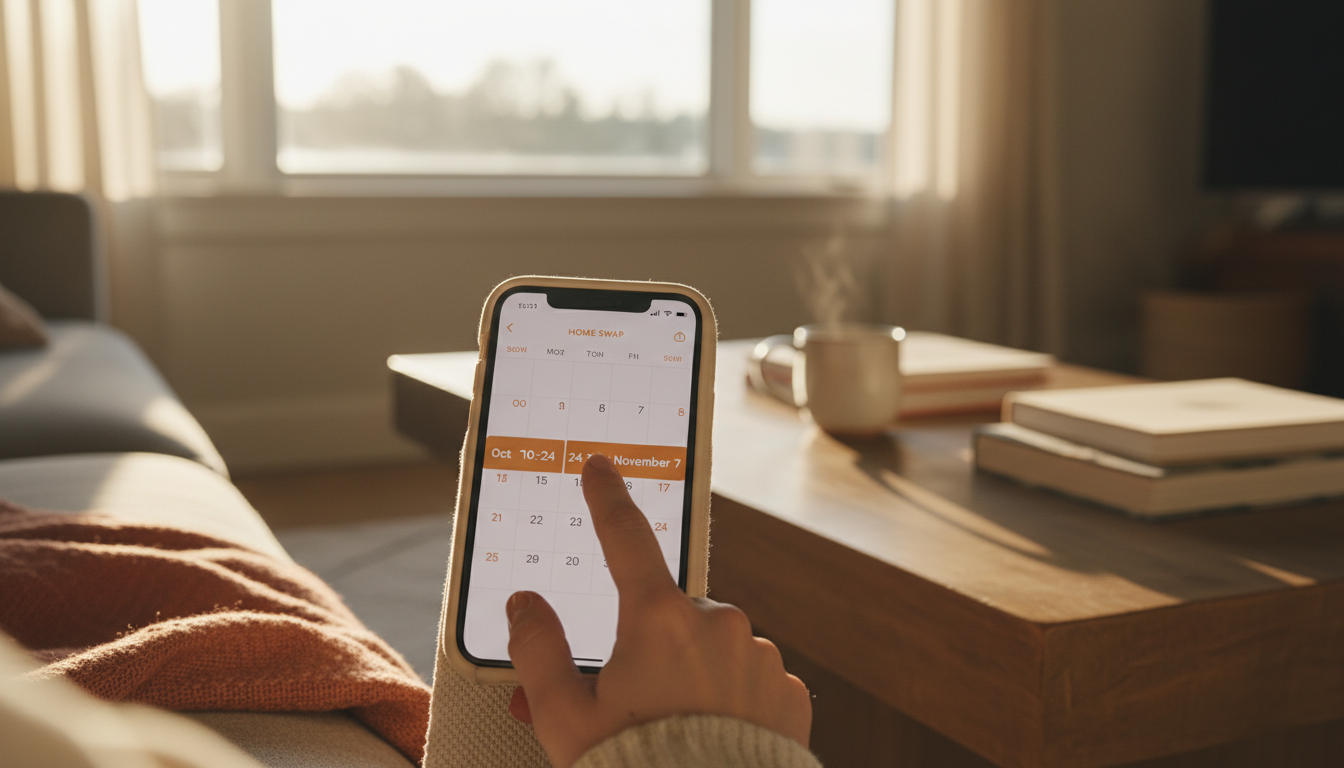 calendar app on a phone screen showing a home swap booking with dates highlighted, finger hovering o