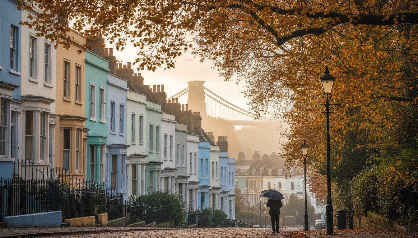 Bristols colorful houses in Clifton during autumn, with golden leaves on the trees and the Clifton S